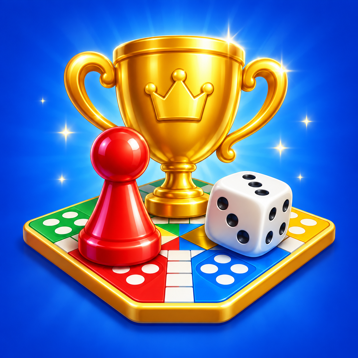Golden trophy, red Ludo pawn and dice on a colourful game board
